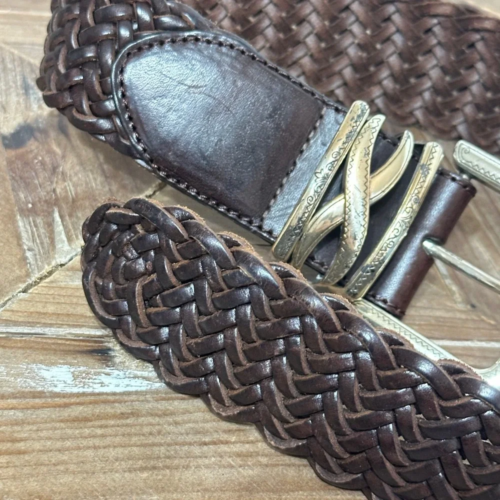 Vintage Brighton Brown Woven Braided Leather Belt Silver Buckle XS/26 97068